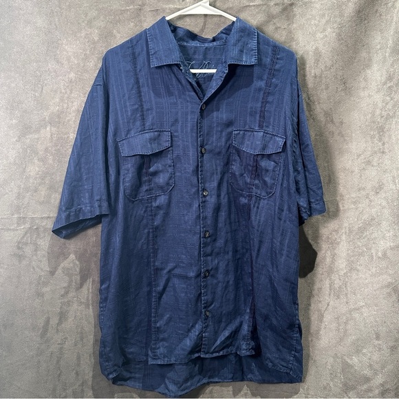 Tommy Bahama Linen Camp Shirt Pintuck Pleats Dual Pockets Navy Blue Men’s L - Picture 5 of 11